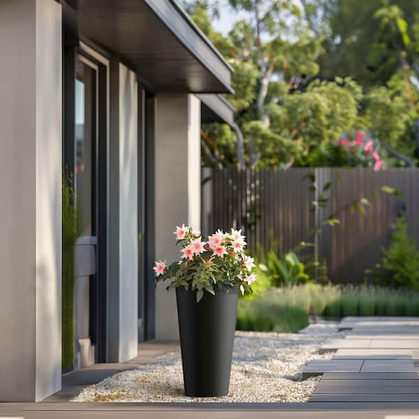 12 in. Large Charcoal Black Concrete Round Planter / Pot with Drainage Holes