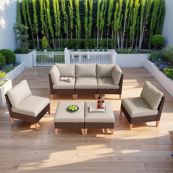 Pocassy Modular Sofa Collection - 7 Piece Brown Wicker Outdoor Conversation Set Sectional with CushionGuard Begei Cushions