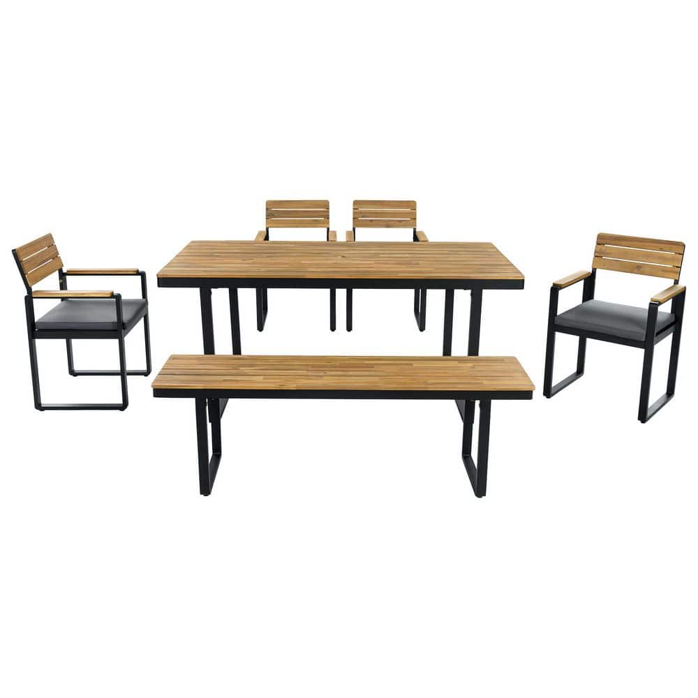 6-Piece Acacia Wood Outdoor Dining Set with Gray Cushion for 6-7 Person, Adjustable Feet for Patio, Garden, Backyard price history on PriceWatchPro