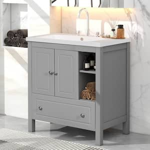 30 in. W x 18 in. D x 32 in. H Single Sink Freestanding Gray Bath Vanity with White Ceramic Top