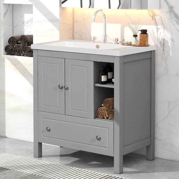 Elevatehome 30 in. W x 18 in. D x 32 in. H Single Sink Freestanding Gray Bath Vanity with White Ceramic Top