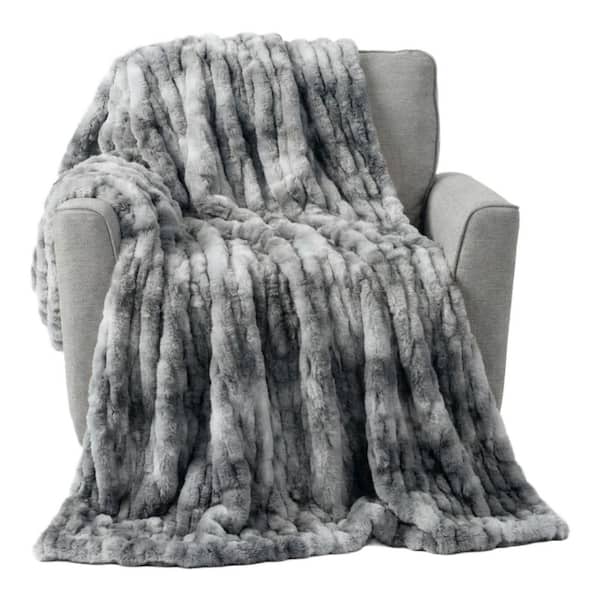 Oversized Silver Faux Fur Blanket - 60 x 80 in. Ruched Polyester Fur Blanket-Throw Blanket for Bed or Couch