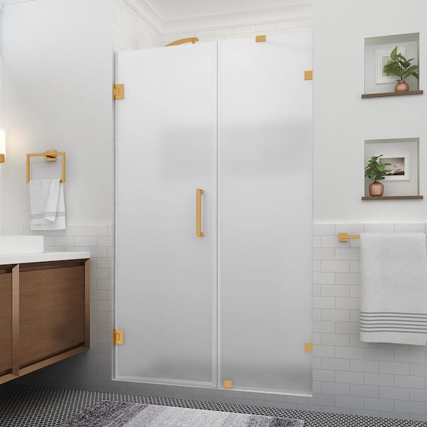 Aston Nautis XL 50.25 in. to 51.25 in. W x 80 in. H Hinged Frameless Shower Door in Brushed Gold w/Ultra-Bright Frosted Glass
