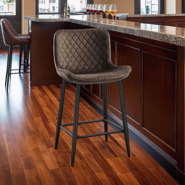 37 in. H Black and Brown Low Back Metal Bar Stool with Velvet Seat Set of 2
