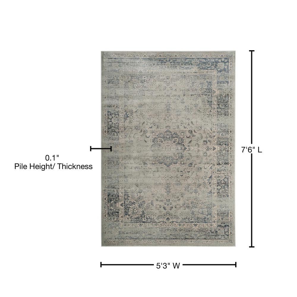 Light Blue Rectangular Washable Reversible Viscose Area Rug 5' x 7'