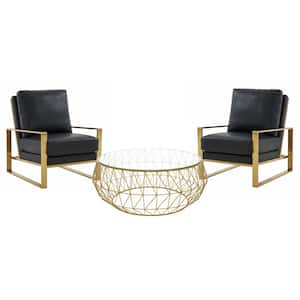 Jefferson Modern 3-Piece Living Room Set with 2-Leather Arm Chair and Round Coffee Table with Gold Frame (Black)