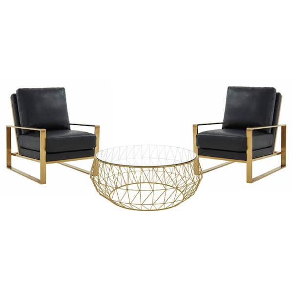 Leisuremod Jefferson Modern 3-Piece Living Room Set with 2-Leather Arm Chair and Round Coffee Table with Gold Frame (Black)