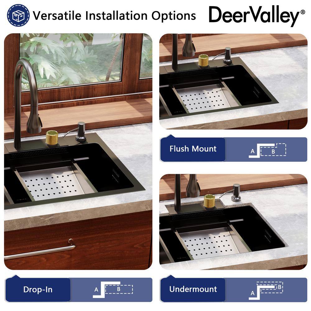 30" Black Stainless Steel Drop-In Single Bowl Kitchen Sink Workstation