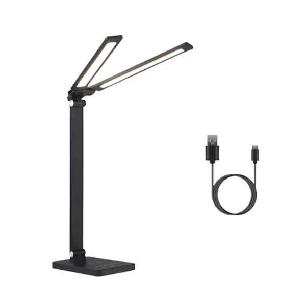 14.17 in. Black Dimmable Integrated LED Double Head Desk Lamp with Wireless Charging USB Port, 5 Colors and Flexible Arm