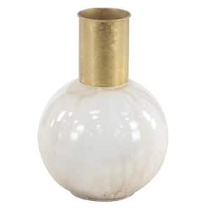 14 in. White Metal Decorative Vase with Gold Accent