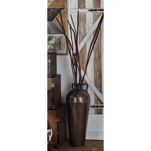 28 in. Brown Tall Floor Mediterranean Style Metal Decorative Vase with Hammered Details and Handles