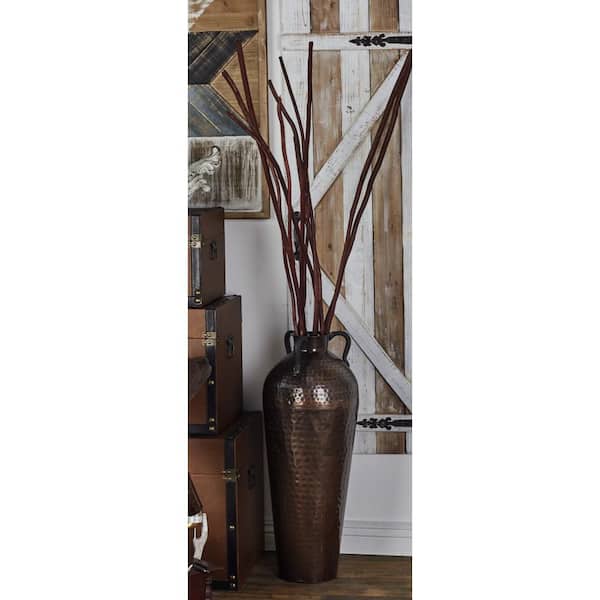 Litton Lane 28 in. Brown Tall Floor Mediterranean Style Metal Decorative Vase with Hammered Details and Handles