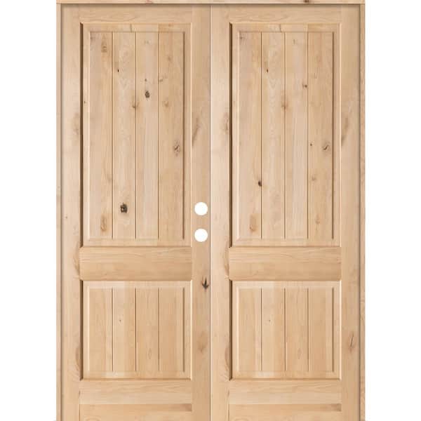Krosswood Doors 72 in. x 96 in. Rustic Knotty Alder 2-Panel Square-Top/VG Left-Hand Solid Core Wood Double Prehung Interior French Door