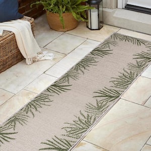 Isla Green/Cream 2 ft. x 8 ft. Coastal Cottage Palm Frond Border Indoor/Outdoor Runner Rug