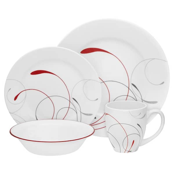 Corelle Studio 16-Piece Contemporary Gray and Red Line Design Glass Dinnerware Set (Service for 4)