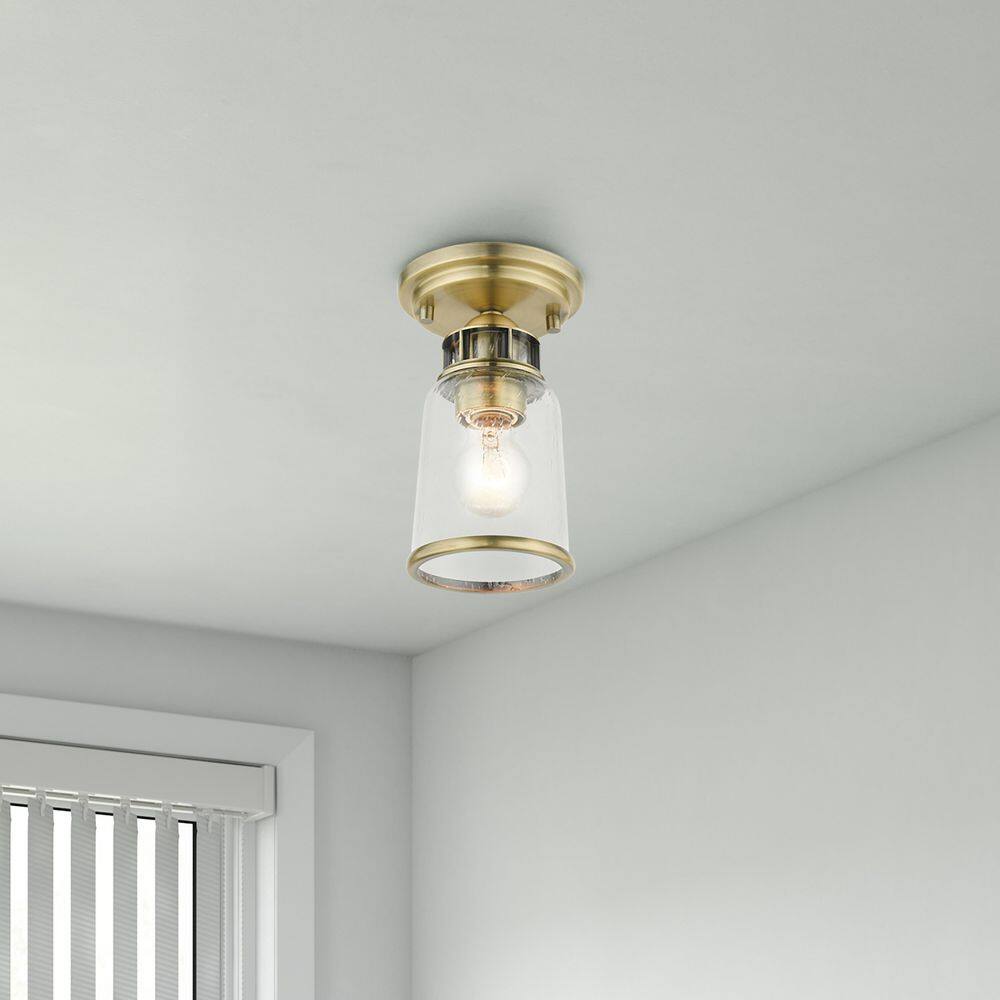Antique Brass Seeded Glass 1-Light Flush Mount