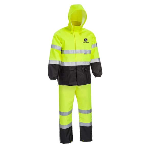 John Deere Men's 2X-Large High Vis Yellow Polyurethane-Coated Polyester Waterproof ANSI Class III 2-Piece Rain Suit