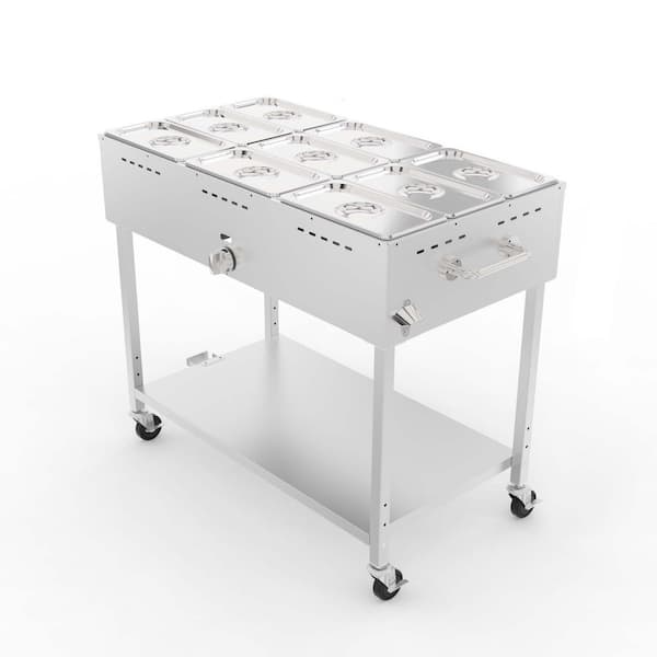 9-Pan Stainless Steel Propane Food Warmer, Specialty Flatware with Drain Valve, Adjustable Temperature and 3 in. Wheels