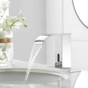 DC Powered Commercial Touchless Single Hole Bathroom Faucet With Deck Plate & Pop Up Drain In Polished Chrome