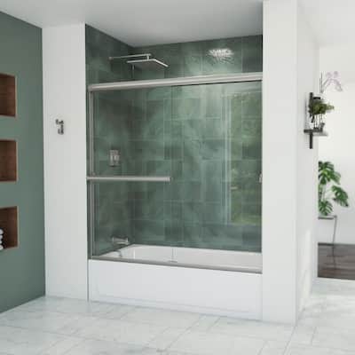 Aloha 56-60 in. W x 58 in. H Semi-Frameless Sliding Shower Door/Enclosure Tub Door in Brushed Nickel with Clear Glass