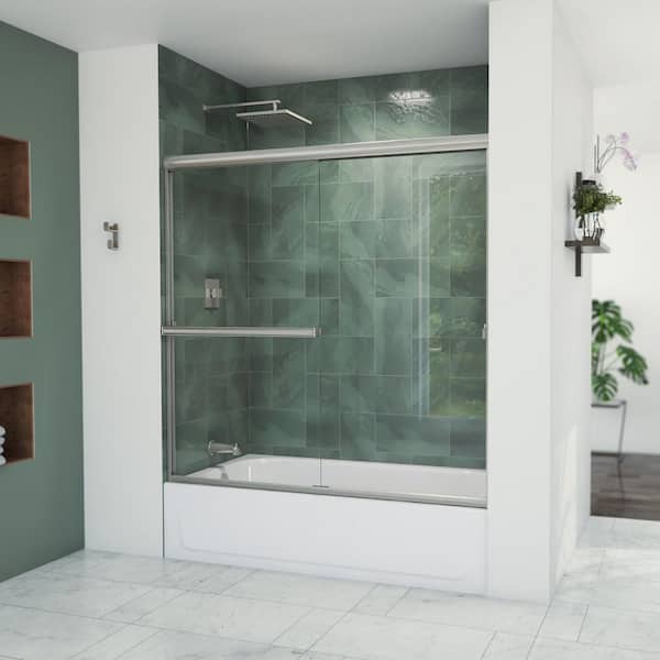 Aloha 56-60 in. W x 58 in. H Semi-Frameless Sliding Shower Door/Enclosure Tub Door in Brushed Nickel with Clear Glass