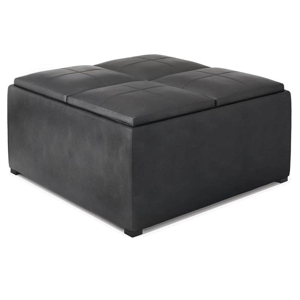 Contemporary Cocktail Footrest Stool in Upholstered Midnight Black Faux Leather for the Living Room SIMPLIHOME Avalon 35 inch Wide Square Coffee Table Lift Top Storage Ottoman