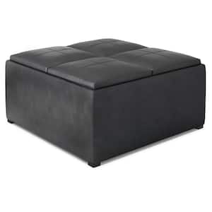 Avalon 35 in. Wide Contemporary Square Coffee Table Storage Ottoman in Distressed Black Vegan Faux Leather