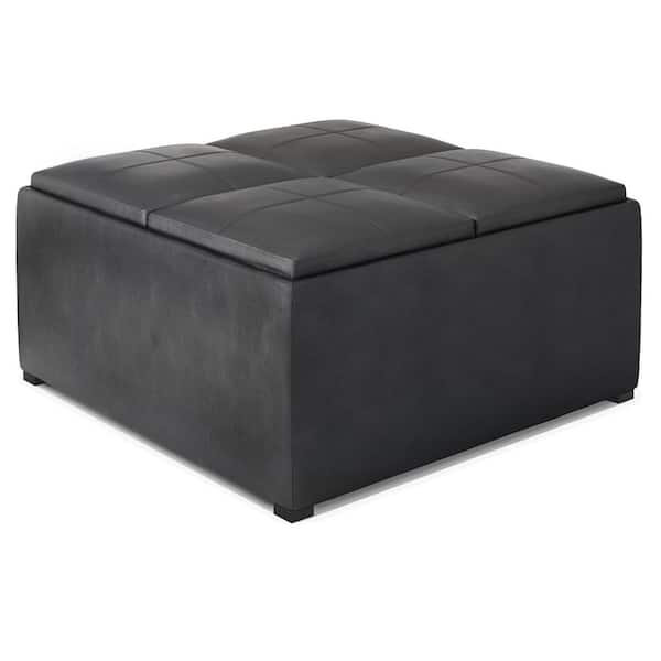 Distressed Black Faux Leather, Faux Leather Ottoman With Reversible Tray Tops White