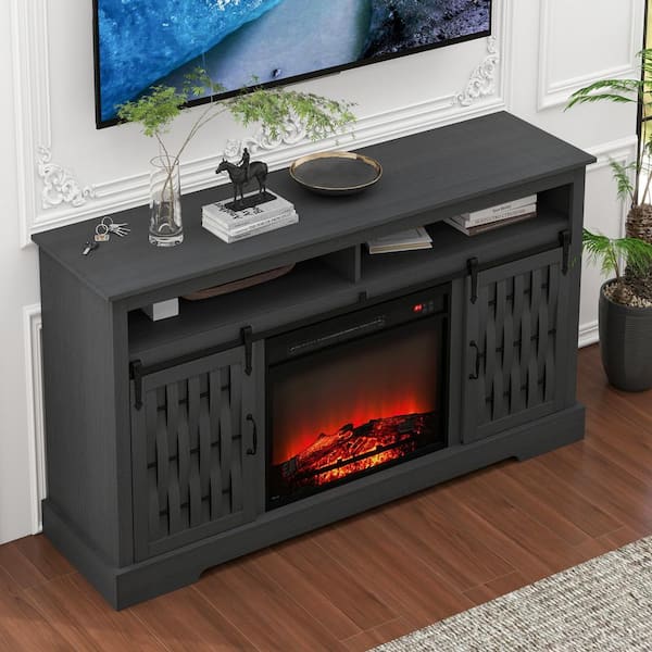 ToolCat 58 in. Freestanding Electric Fireplace TV Stand for TVs up to 65 in., Entertainment Center, Barn Door in Dark Gray