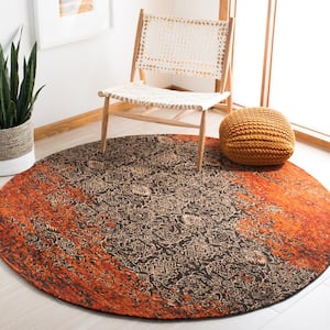 Classic Vintage Rust/Brown 6 ft. x 6 ft. Round Distressed Floral Area Rug