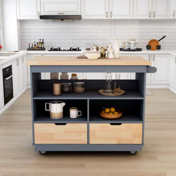 StyleWell Glenville Black Double Drawer Kitchen Cart with Butcher Block Top and Locking Wheels (42 W)