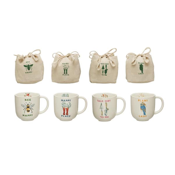 Storied Home 15 Oz. Ivory Stoneware Mug with Painted Garden Illustrations and Sayings (Set of 4)