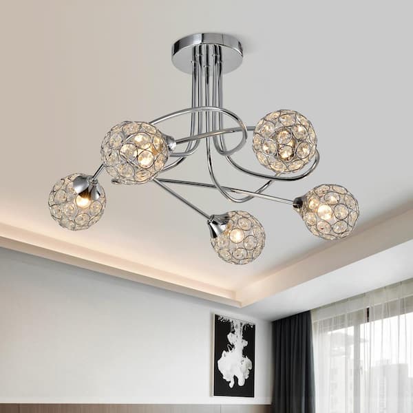 Maxax Providence 19.7 in. 5-Light Chrome Semi-Flush Mount with Crystal Shade