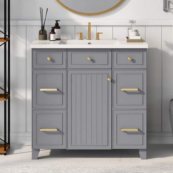 Zeus & Ruta 36 in. W x 18 in. D x 34 in. H Freestanding Bath Vanity Single Sink in Gray with White Resin Top and 3-Drawers