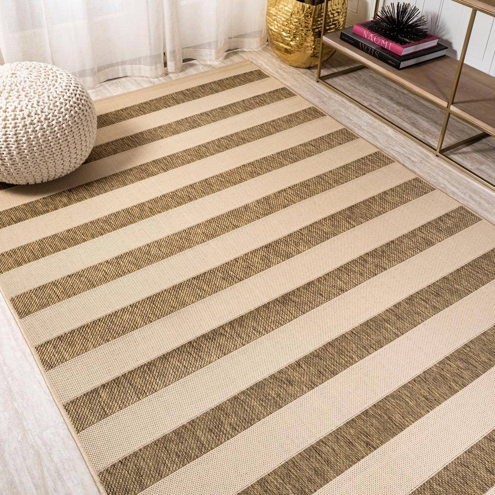 Beige and Brown Stripe Synthetic 8' x 10' Indoor/Outdoor Rug