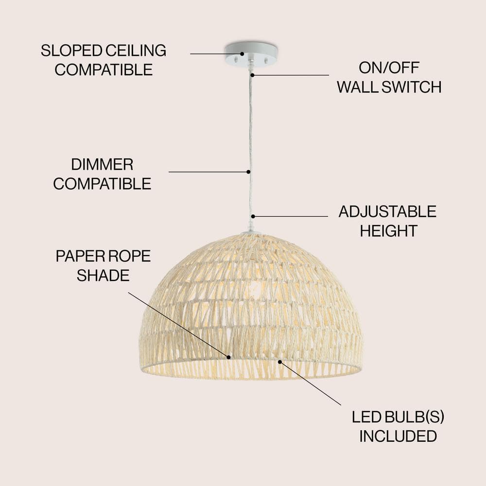 Campana 20" Cream Woven Rattan & Iron LED Pendant with Adjustable Drop