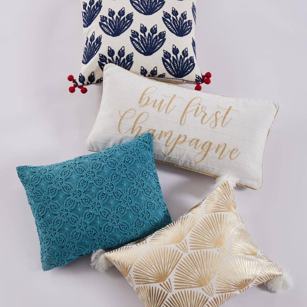 Navy Floral Embroidered Square Throw Pillow with Red Pom Poms