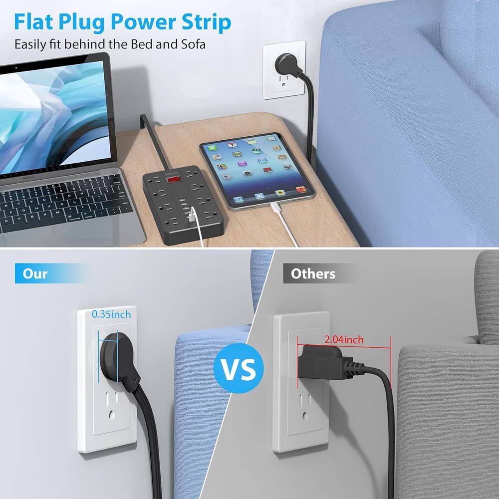 Black 8-Outlet Power Strip with USB Ports and 5 Ft Cord