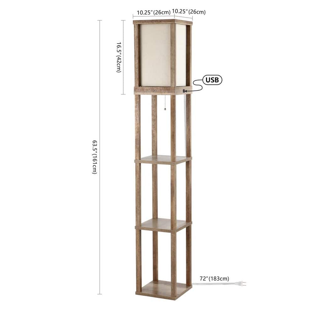 63.5" Beige Wooden 3-Shelf Floor Lamp with USB Port