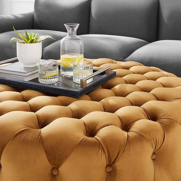 MODWAY Amour Tufted Button Large Round Performance Cognac Velvet Ottoman EEI 5469 COG The Home Depot