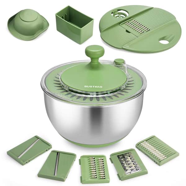 Large Stainless Steel Salad Spinner with 5-in-1 Cutting Blades, Egg Separator and Non-Slip Base