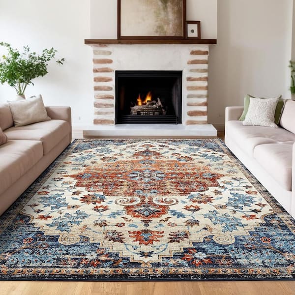 Ultra Thin Washable Rug 9x12ft Vintage Printed Carpet Foldable Indoor Decorative Carpet, Orange