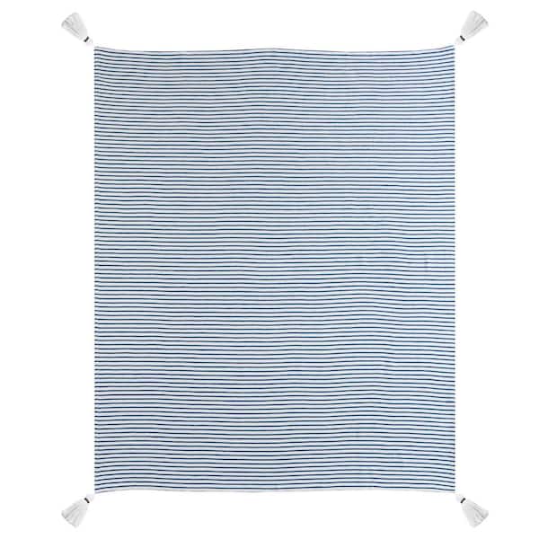 Unbranded Nicobar 50 in. x 60 in. Blue/Ivory Casual Striped Tassel All Natural Cotton Throw Blanket