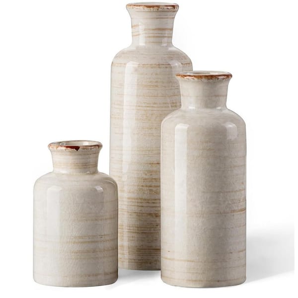 Unbranded 10 in. Ivory Round Ceramic Decorative Vase, 3 Piece
