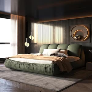 High End Green Wood Frame King Upholstered Platform Bed with Oversize Headboard, Thickened Slats, Pleating Bed Body