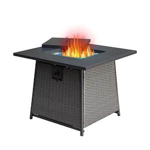 Grey Square Wicker Bar Height Smokeless Propane Fire Pit Table with Blue Glass Ball and Steel Tabletop