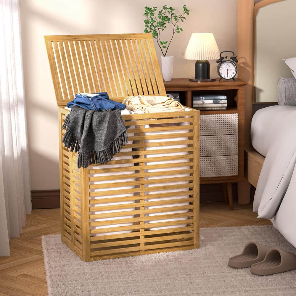 Natural Bamboo 2-Section Collapsible Laundry Hamper with Lid