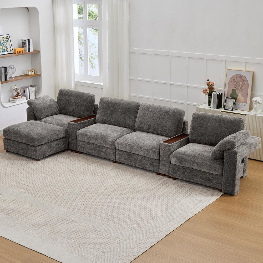 Seafuloy 173 in. Straight Arm 5-Piece Chenille Oversized Modular