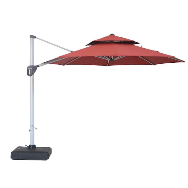 Clihome 11 ft. Brick Red Patio Cantilever Octagonal Outdoor Umbrella with Base,Umbrella Cover, 360-Degree Rotating Foot Pedal