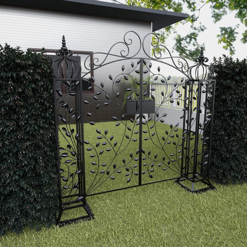 Matte Black Metal Scrollwork Arched Garden Gate Arbor
